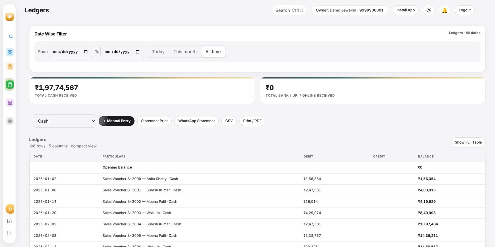 JewelBooks ledgers page with cash ledger, debit, credit and running balance