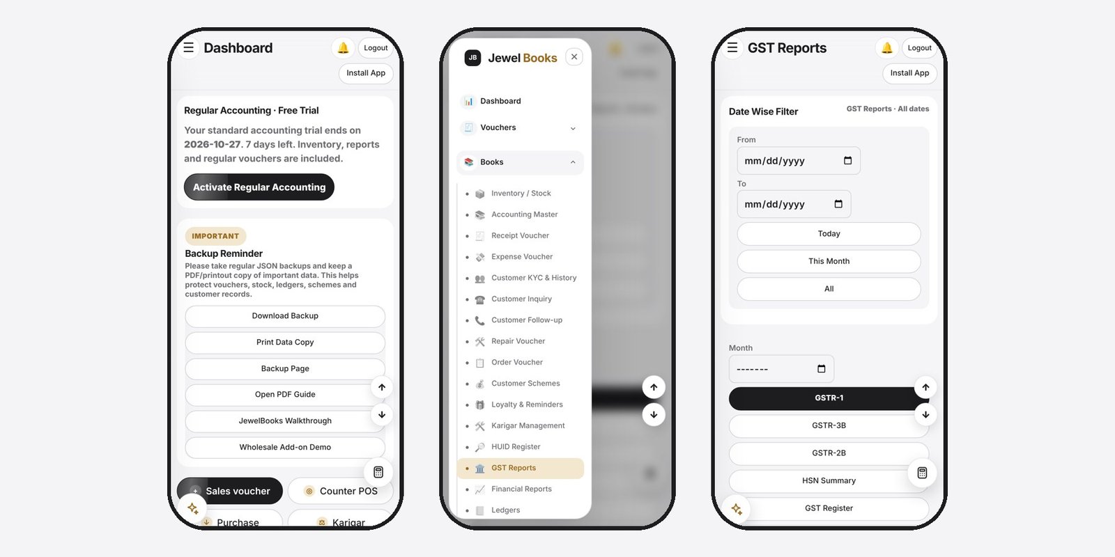 JewelBooks mobile side menu and GST report page